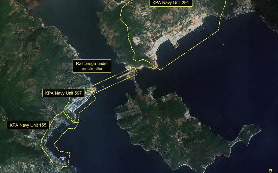 This July satellite image provided by Airbus Defense and Space and 38 North shows Munchon Naval Base, North Korea. Four known naval squadrons are subordinate to KPA Navy Unit 155: a patrol squadron, a torpedo squadron, a fast-attack squadron and a fire-support squadron, according to 38 North, a U.S. think tank that monitors North Korean activities.