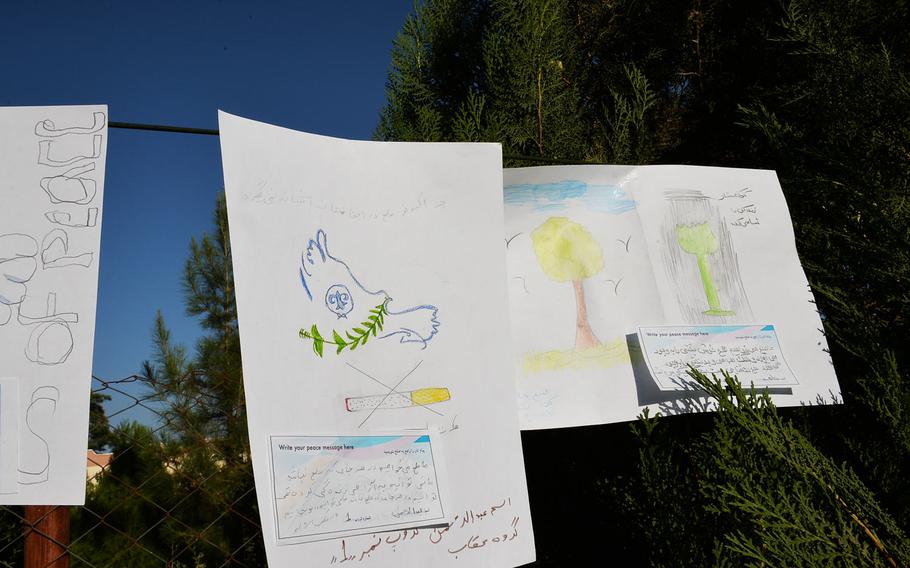 As part of the Kabul camporee in early September, scouts drew pictures and wrote messages of peace, pictured here on Sept. 8, 2016. One of the pictures calls for peace and opposes cigarette smoking; another opposes poppy growing.