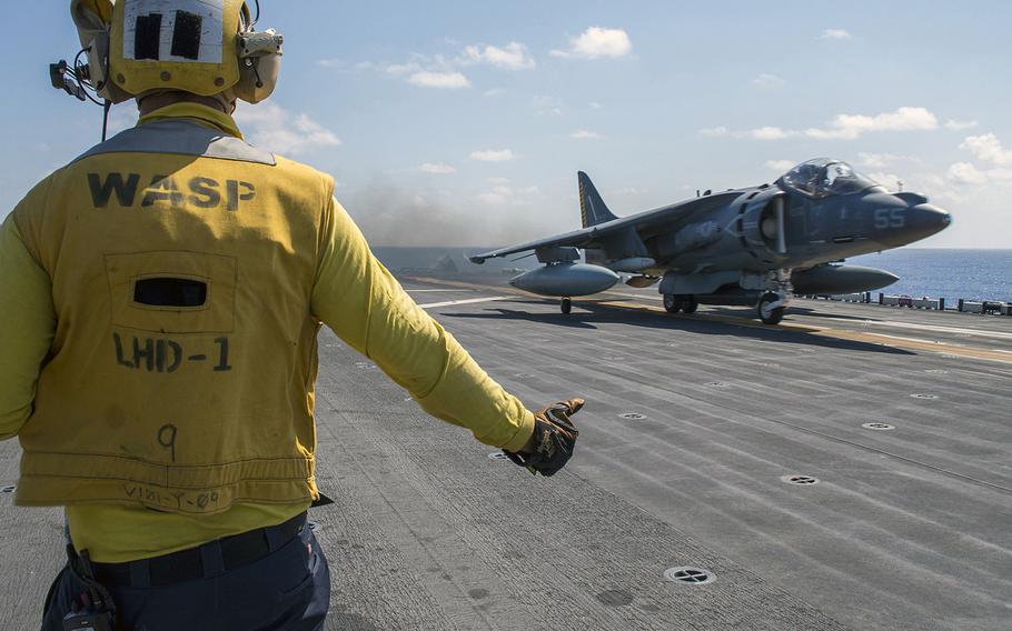 An AV-8B Harrier, from the 22nd Marine Expeditionary Unit, takes off from the flight deck of the amphibious assault ship USS Wasp in the Mediterranean Sea, Wednesday, Sept. 28, 2016. The 22nd MEU, embarked on Wasp, is conducting precision air strikes in support of the Libyan Government of National Accord-aligned forces against Islamic State targets in Sirte, Libya.