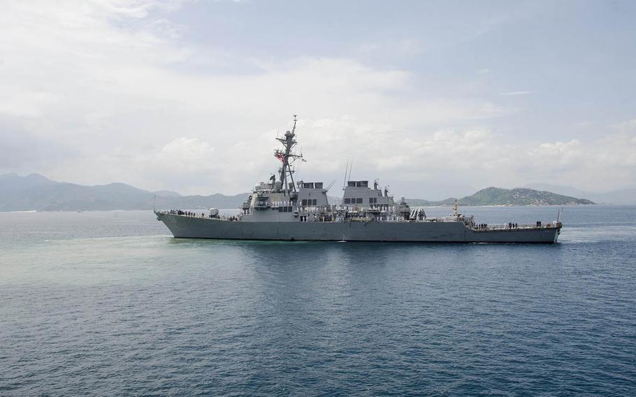 The guided-missile destroyer USS John S. McCain pulls into Cam Ranh Bay, Vietnam, Oct. 2, 2016. The U.S. controlled more than 25,000 acres of airfield and port facilities around the bay at the height of the Vietnam War.