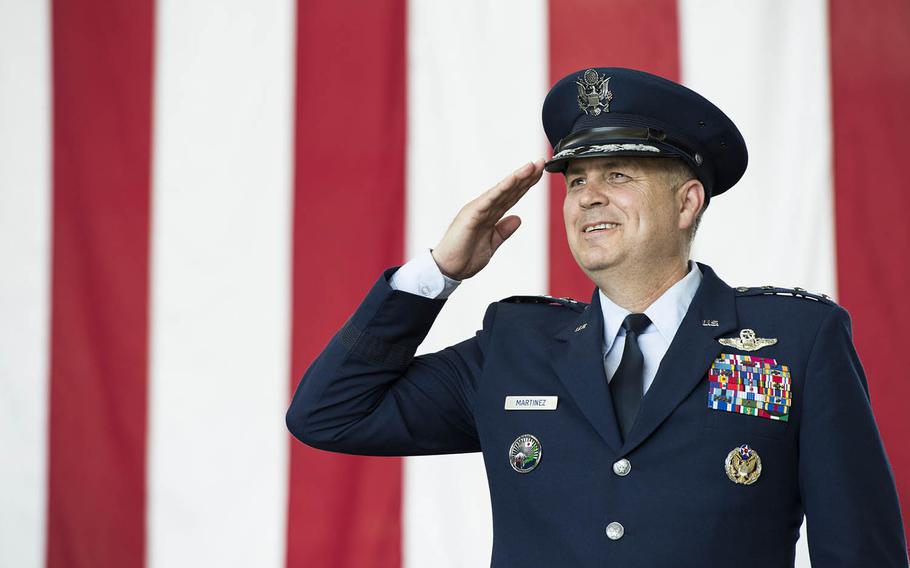 Lt. Gen. Jerry Martinez, the new commander of U.S. Forces Japan and 5th Air Force, returns a salute during an assumption of command ceremony Thursday, Oct. 6, 2016, at Yokota Air Base, Japan.