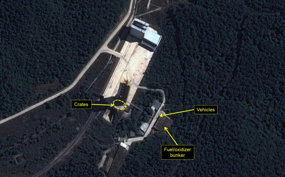 This satellite image provided by Airbus Defense and Space and 38 North shows activity at North Korea's Sohae rocket-launching facility, though it's unclear if it's related to an upcoming launch.