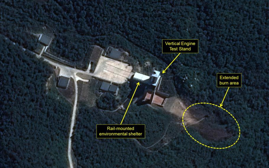 This satellite image provided by Airbus Defense and Space and 38 North shows recent activity at North Korea's Sohae rocket-launching facility, where Pyongyang claimed to have tested a powerful new rocket engine late last month.