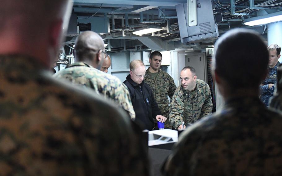 Rear Adm. Daryl Caudle, deputy commander, U.S. 6th Fleet, meets with leadership during U.S. European Command's computer-assisted exercise, Austere Challenge 17 on board the U.S. 6th Fleet command and control ship USS Mount Whitney in the Black Sea, on Tuesday, Oct. 11, 2016.
