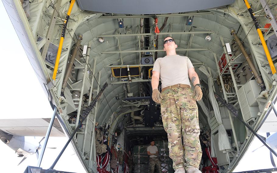 Sr. Airman Christopher James, loadmaster on a C-130J Super Hercules, is pictured here on Sept. 23, 2016, at Kandahar Airfield in southern Afghanistan during a round-robin mission from Bagram Air Field to bases in Kabul, Helmand, Kandahar, Herat and Mazar-e-Sharif.