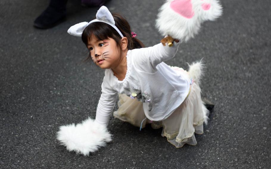 A girl crawls like a cat during the Bakeneko festival, Sunday, Oct. 16, 2016, in Tokyo. The annual Halloween-like festival, whose name roughly translates to "ghost cat with supernatural powers," includes a long and lively parade of costumed revelers, live music and street dancing.