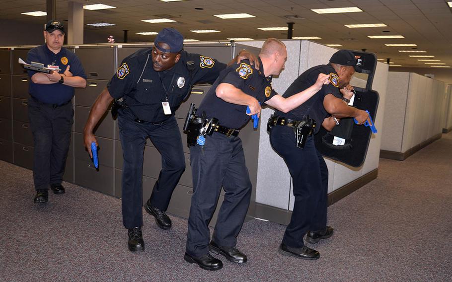 Defense Logistics Agency police train to respond to an active shooter. The agency is recruiting the military community to staff a civilian police force for six installations in the United States.