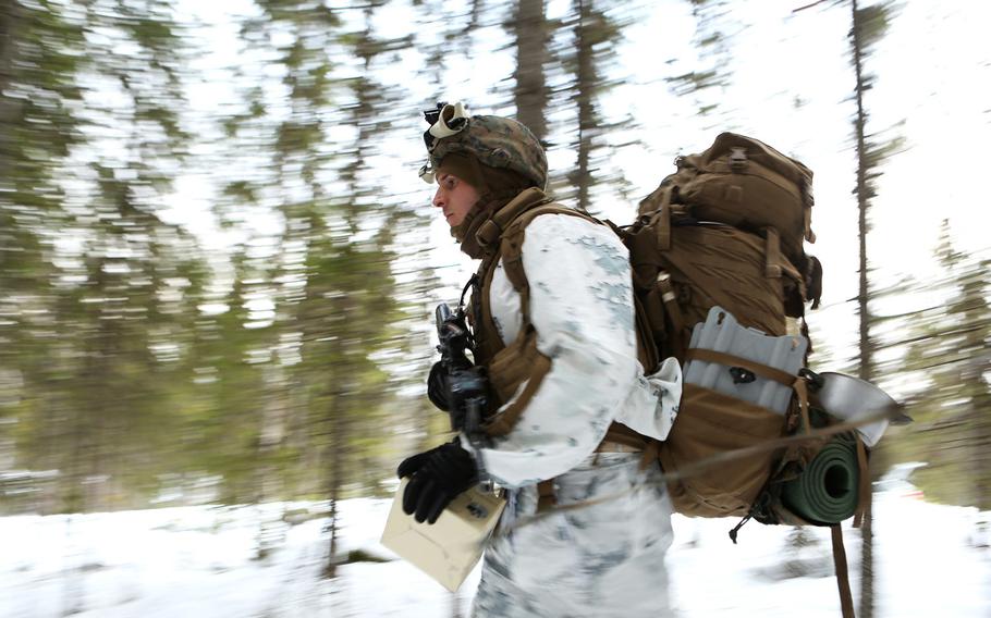 U.S. Marines assigned to The Combined Arms Company out of Bulgaria finish a patrol somewhere in the vast training area in Rena, Norway, Feb. 22, 2016.