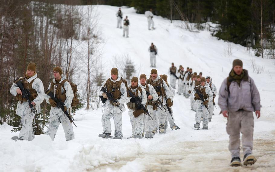 U.S. Marines assigned to The Combined Arms Company out of Bulgaria finish a patrol somewhere in the vast training area in Rena, Norway, Feb. 22, 2016.