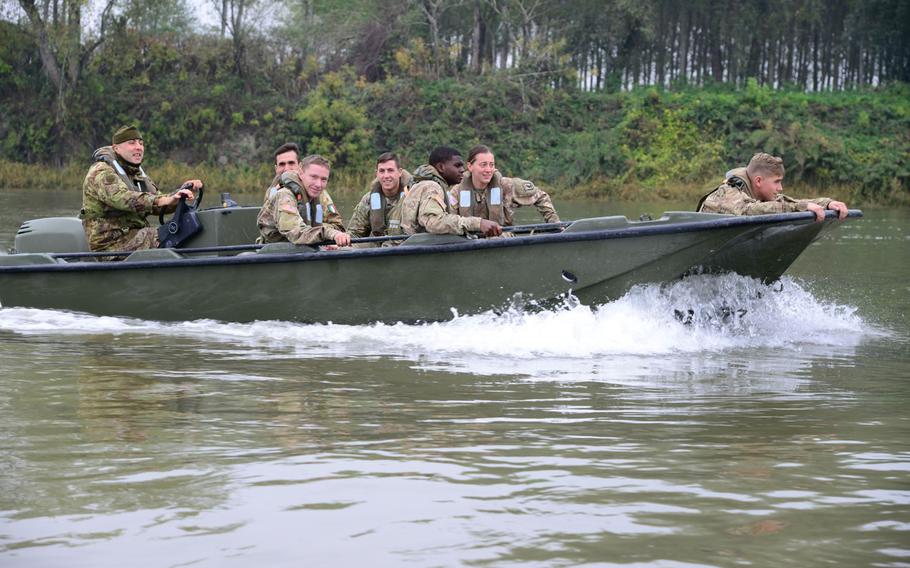 Paratroopers with the 173rd Airborne Brigade's 54th Brigade Engineer Battalion practiced reconnaissance on Monday, Oct. 17, 2016, on the Po River in northern Italy as part of a ''shock'' exercise that included a river crossing.