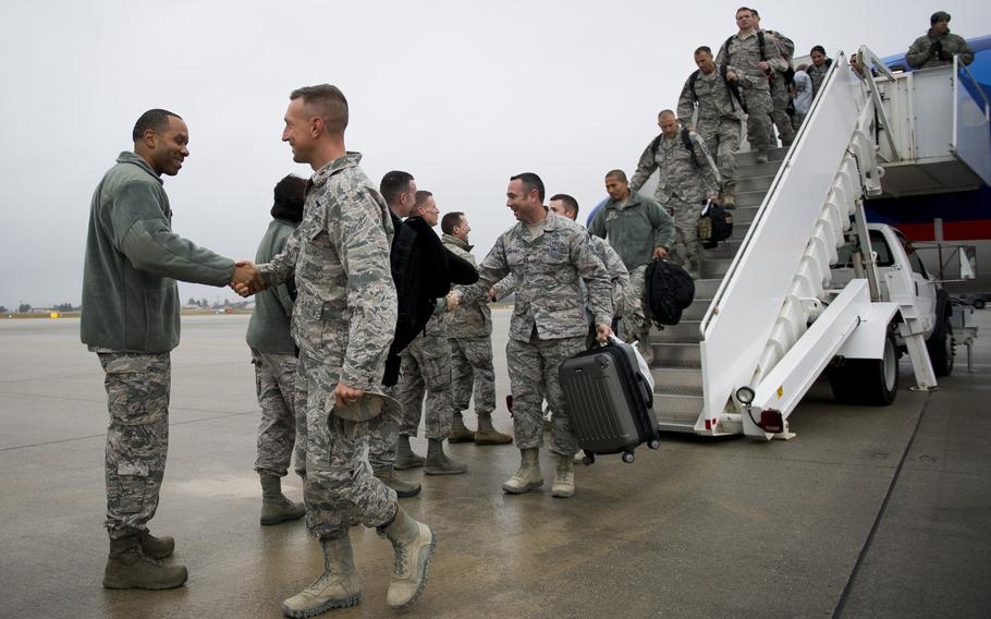 Airmen assigned to the 606th Air Control Squadron return to Spangdahlem Air Base, Germany, on Thursday, Oct. 20, 2016. The airmen were deployed for six months to several countries in Southwest Asia.