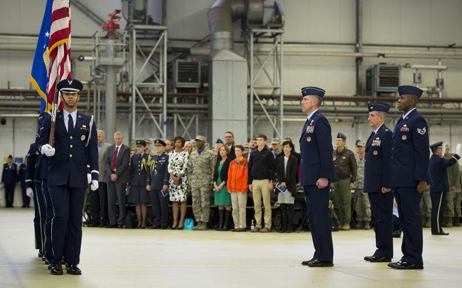 The U.S. Air Forces in Europe honor guard marches in during the Third Air Force change-of-command ceremony at Ramstein Air Base, Germany, on Friday, Oct. 21, 2016. Lt. Gen. Richard Clark assumed command from Lt. Gen. Timothy Ray.