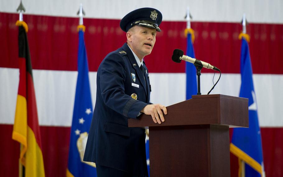 Gen. Tod Wolters, U.S. Air Forces in Europe and Africa commander, speaks during the Third Air Force change-of-command ceremony at Ramstein Air Base, Germany, on Friday, Oct. 21, 2016.