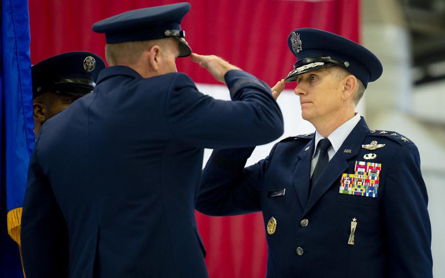 Lt. Gen. Timothy Ray, outgoing Third Air Force commander, relinquishes command during the Third Air Force change-of-command ceremony at Ramstein Air Base, Germany, on Friday, Oct. 21, 2016.
