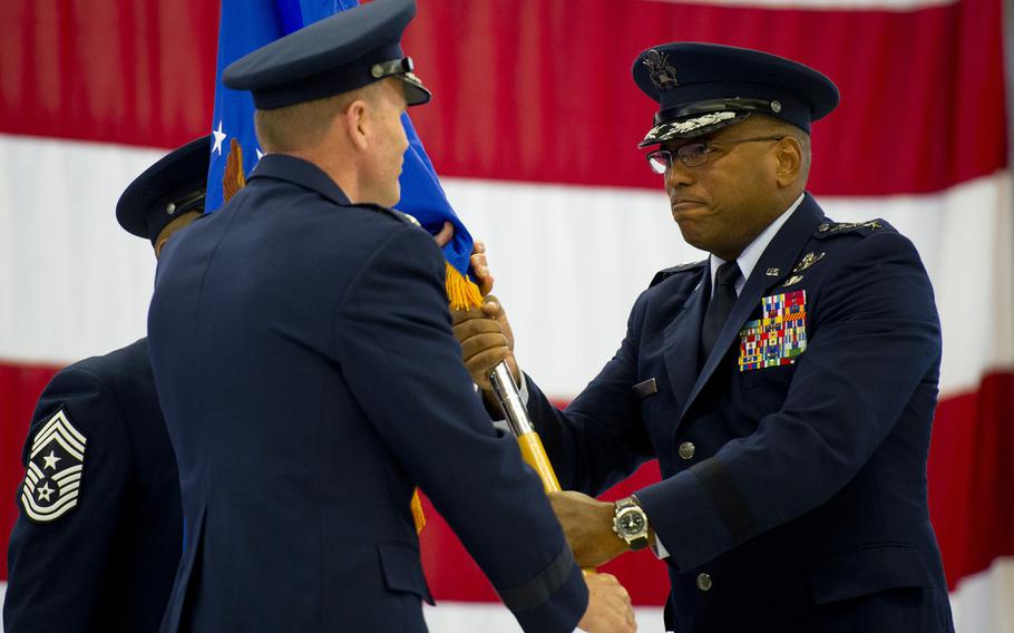 Lt. Gen. Richard Clark assumes command  of the Third Air Force during the unit's change-of-command ceremony at Ramstein Air Base, Germany, on Friday, Oct. 21, 2016.