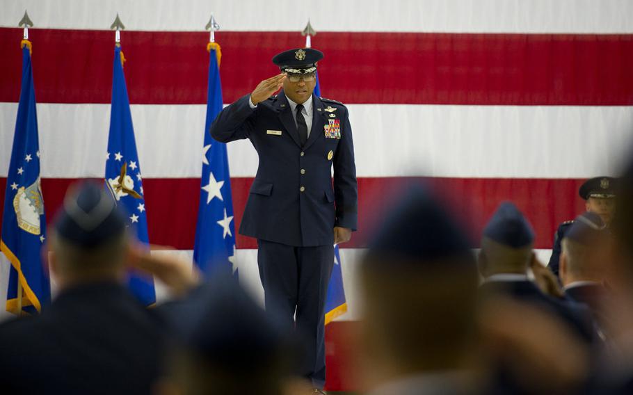 Lt. Gen. Richard Clark, Third Air Force commander, receives his first salute as commander during the unit's change-of-command ceremony at Ramstein Air Base, Germany, on Friday, Oct. 21, 2016.