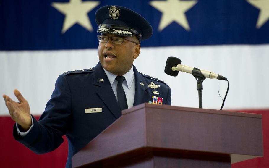 Lt. Gen. Richard Clark, Third Air Force commander, speaks during the unit's change-of-command ceremony at Ramstein Air Base, Germany, on Friday, Oct. 21, 2016.