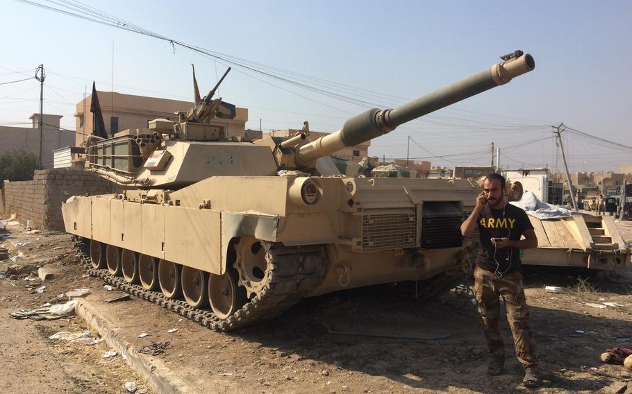 An Iraqi Army tank in Bartella, a Christian village liberated from the Islamic State on Saturday, Oct. 22, 2016.