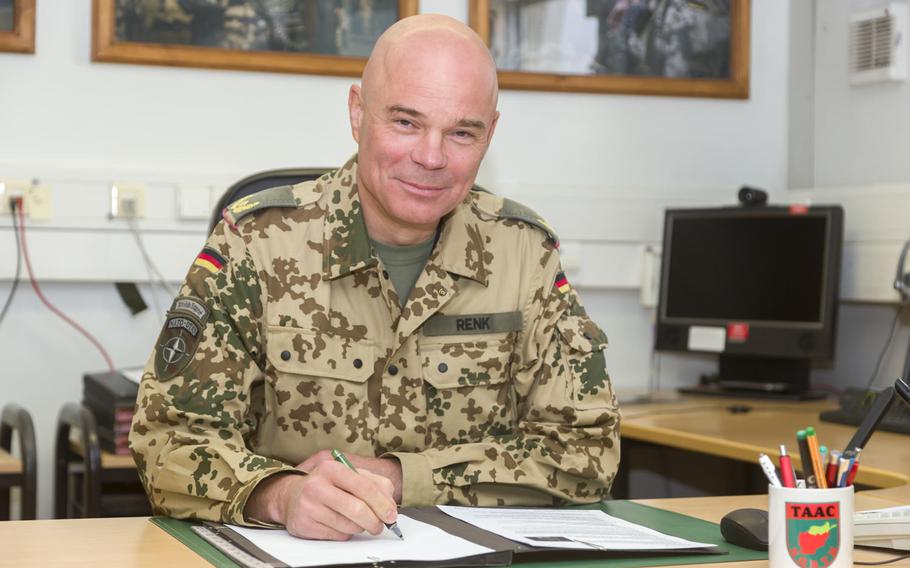 German Brig. Gen. Hartmut Renk, commander of NATO forces in northern Afghanistan, sits at his desk at Camp Marmal outside the city of Mazar-e-Sharif, Afghanistan, on Thursday, Oct. 27, 2016.