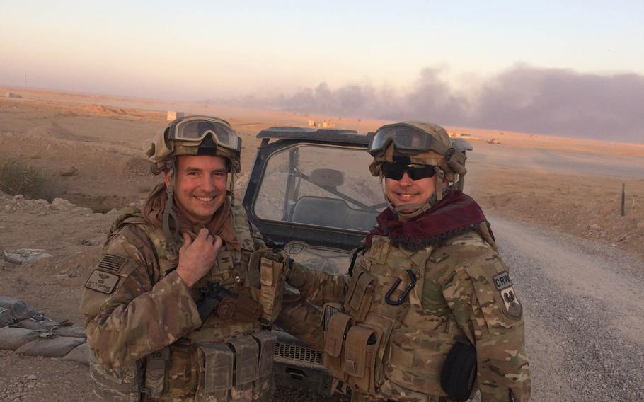 Air Force Col. Rhett Champagne, left, and Chief Master Sgt. Richard Tallman at Qayara Airfield West on Saturday, Oct. 29, 2016.