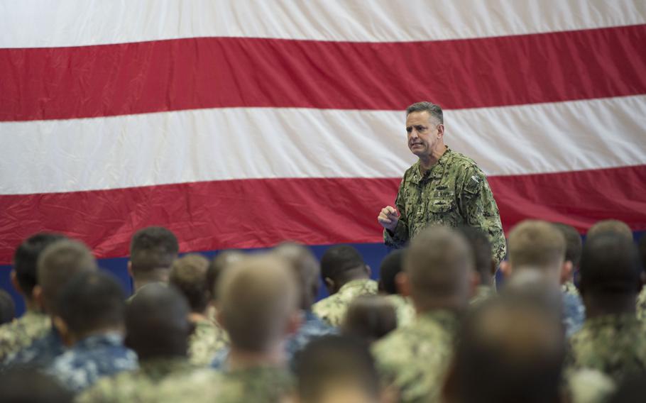 Chief of Naval Personnel Vice Adm. Robert Burke talks with E6 and below about new personnel initiatives like the Navy Enlisted Ratings Modernization Plan and Sailor 2025 at an All Hands Call at Naval Support Activity Bahrain on Tuesday, Nov. 1, 2016. One idea that is being considered for the future is basing advancement exams on Navy Enlisted Classifications, rather than broad Naval occupational specialties.