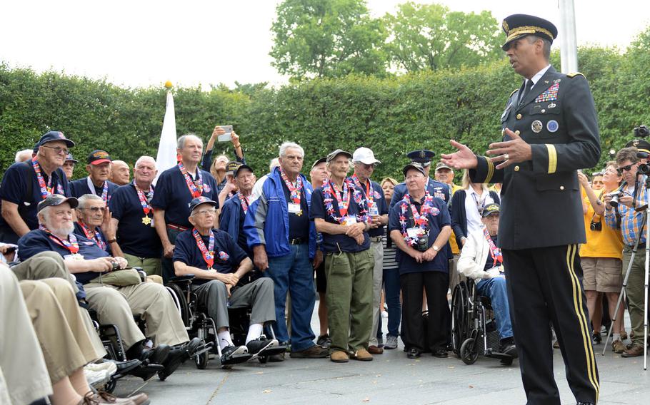 Gen. Vincent Brooks speaks with Korean War veterans in September at the Korean War Memorial in Washington, D.C. The U.S. Forces Korea commander will be honored with a traditional Korean name during a ceremony in Seoul on Friday, Nov. 4, 2016.