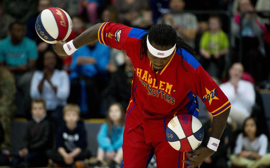 Harlem Globetrotter Slick Willie Shaw warms up before a game at Ramstein Air Base, Germany, on Thursday, Nov. 10, 2016.