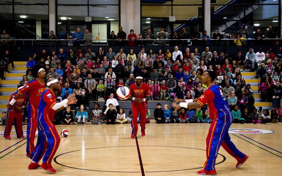 The Harlem Globetrotters warm up at Ramstein Air Base, Germany, on Thursday, Nov. 10, 2016.