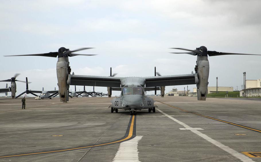MV-22 Ospreys with Marine Medium Tiltrotor Squadron 265, 31st Marine Expeditionary Unit, await the green light for takeoff at Marine Corps Air Station Futenma, Okinawa, in April. Some Okinawa residents say they will continue to fight to stop flights at Futenma, even after being awarded $22.6 million for damages suffered from aircraft noise.