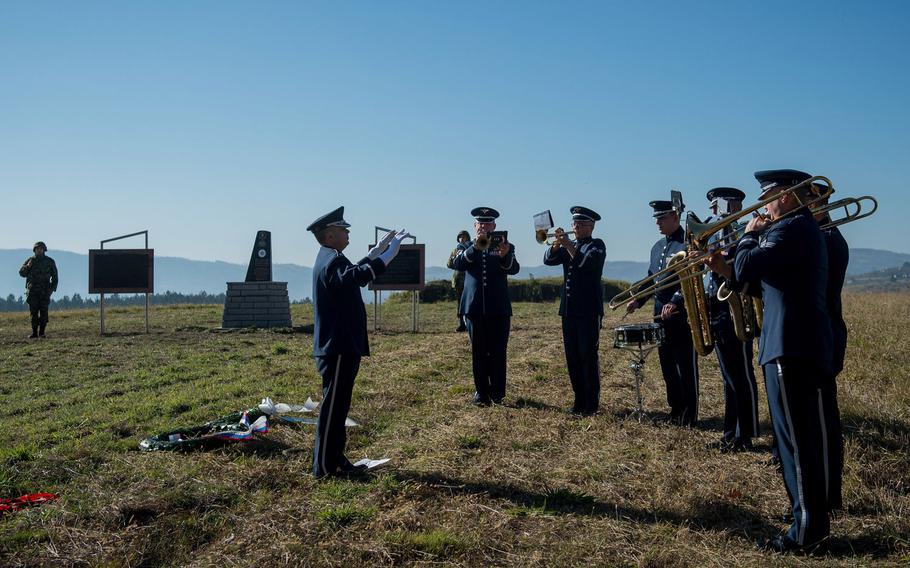 The U.S. Air Forces in Europe Band plays the Serbian national anthem at the Operation Halyard memorial in Pranjani, Serbia, Thursday, Nov. 17, 2016. Officials from the State Department, the U.S. Air Force, the Royal Air Force and the Serbian armed forces commemorated the Serbian people's rescue of Allied airmen who were shot down over Serbia during World War II.