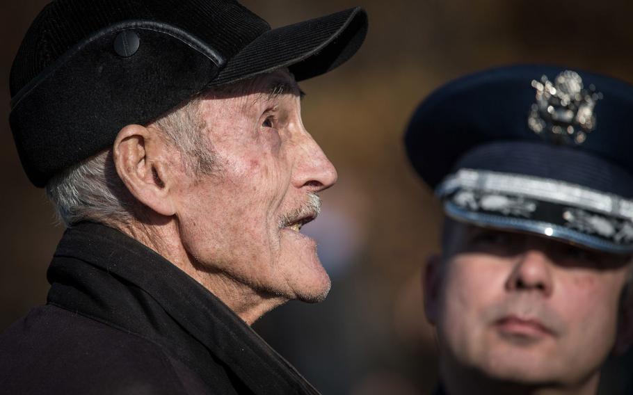 A Serbian man, who was a child when his family cared for downed World War II airmen, recounts the day in 1944 when the airmen were shot down behind enemy lines at the Operation Halyard memorial in Pranjani, Serbia, Thursday, Nov. 17, 2016. Representatives from the State Department, the U.S. Air Force, the Royal Air Force and the Serbian armed forces commemorated the heroic actions of the Serbian people in rescuing more than 500 allied airmen who were shot down during World War II.