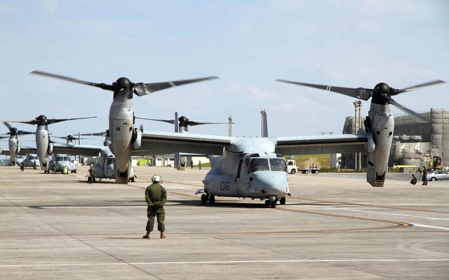 Marines from the 3rd Marine Division embark on MV-22 Osprey tilt-rotor aircraft for a long-range raid as part of Exercise Blue Chromite 2017, Nov. 4, 2016. The Osprey took them from Marine Corps Air Station Futenma, Okinawa, to just outside Tokyo and back again. The raid went off without a hitch thanks in large part to Marine Aircraft Group 36 maintenance personnel who keep the Osprey running safely.
