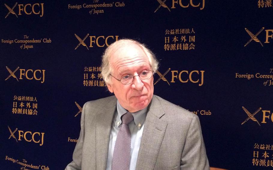 Martin Schulz, a senior research fellow at the Fujitsu Research Institute, told reporters at the Foreign Correspondents' Club of Japan that a Trump administration would not vacate U.S. bases in the Western Pacific, Tuesday, Nov. 22, 2016.