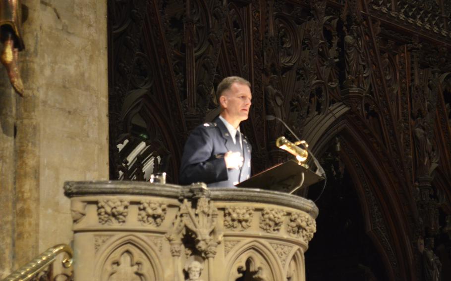 Chaplain (Maj. Gen.) Dondi Costin, U.S. Air Force chief of chaplains, speaks to a congregation of more than 1,000 U.S. servicemembers, families and British neighbors during a church service on the Eve of Thanksgiving, Wednesday, Nov. 23, 2016, at the historic Ely Cathedral in England.