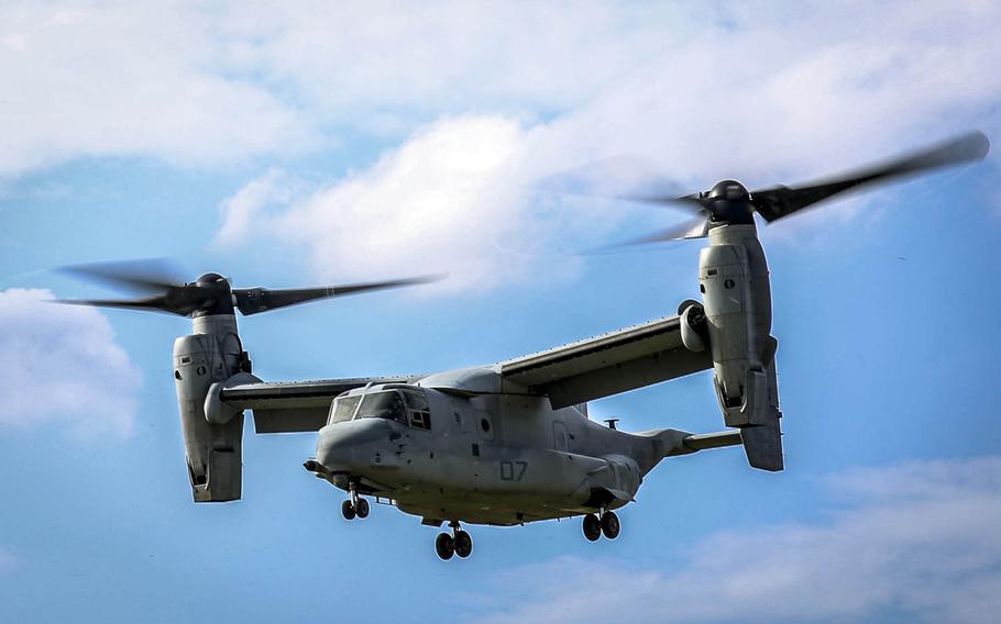 A Marine Corps MV-22B Osprey takes flight from Camp Hansen, Okinawa, Japan, in late November.