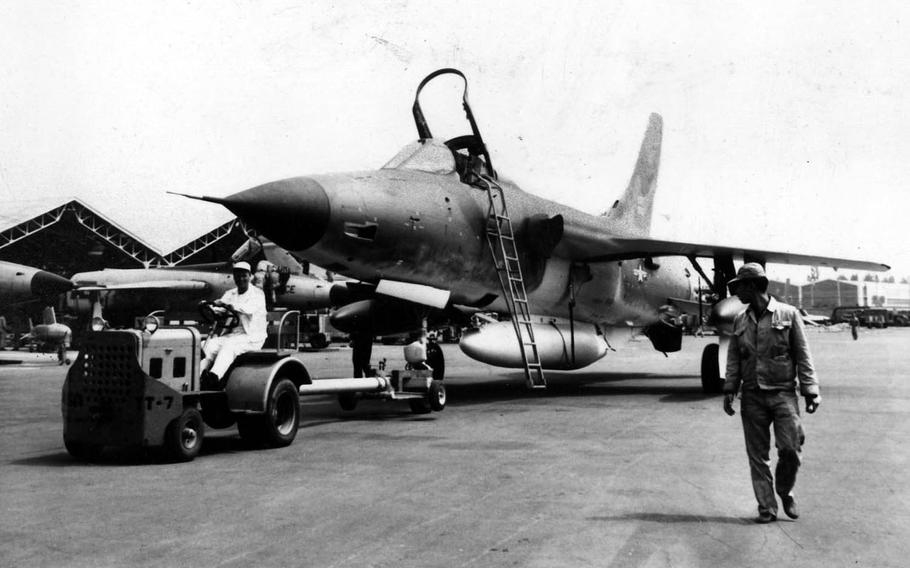 This undated file photo shows an Air Force F-105 being towed toward at an air base in Taiwan.