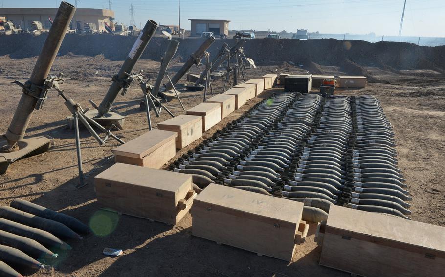Islamic State militants have adopted manufacturing processes like those used by national militaries to produce thousands of munitions and other weapons, such as these mortars and mortar tubes, pictured here on display near an Iraqi army tactical base outside Mosul on Saturday, Nov. 19, 2016.