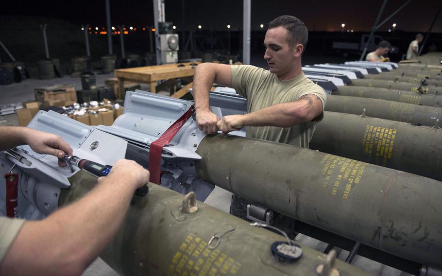U.S. Airmen assigned to the 447th Expeditionary Aircraft Maintenance Squadron attach fins to GBU-12 Paveway II laser-guided bombs Aug. 8, 2016, at Incirlik Air Base. Turkey has expressed frustration with what it says is insufficient air support for the country's offensive against Islamic State fighters in the Syrian town of al-Bab.