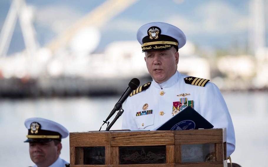 Capt. Richard Seif, new commander of Submarine Squadron 1, speaks during a change-of-command ceremony at Joint Base Pearl Harbor-Hickam, Thursday, Jan. 5, 2017. Seif relieved Capt. Timothy Rexrode, who was assigned to the Pentagon.