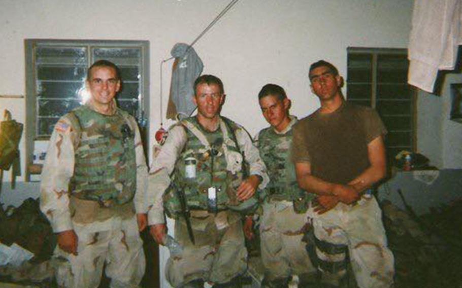 From left, 1st Lt. Dana Krull, Sgt. 1st Class Eric Geressy, Sgt. Vincent Garza and Sgt. Brock Lucas in Sinjar, Iraq, 2003. Geressy, a retired Army sergeant major, went to Mosul as a platoon sergeant when the city was under the control of the 101st Airborne Division, commanded by then-Maj. Gen. David Petraeus, in October 2003.