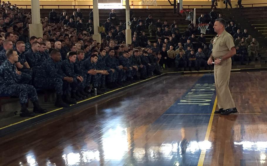 Vice Adm. Robert Burke, chief of Naval Personnel, speaks with sailors at Joint Base Pearl Harbor-Hickman, Hawaii, during an all-hands call that focused on Sailor 2025 and other personnel issues, Monday, Jan. 9, 2017.