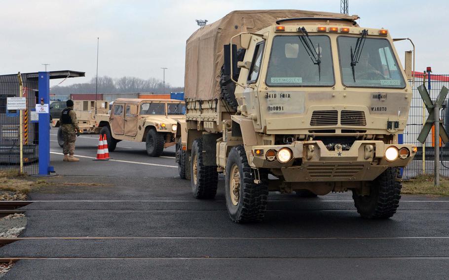 U.S. Army vehicles from the 3rd Armored Brigade Combat Team, 4th Infantry Division, depart the port of Bremerhaven, Germany, on Monday, Jan 10, 2017. They were headed for Poland for a nine-month rotation.