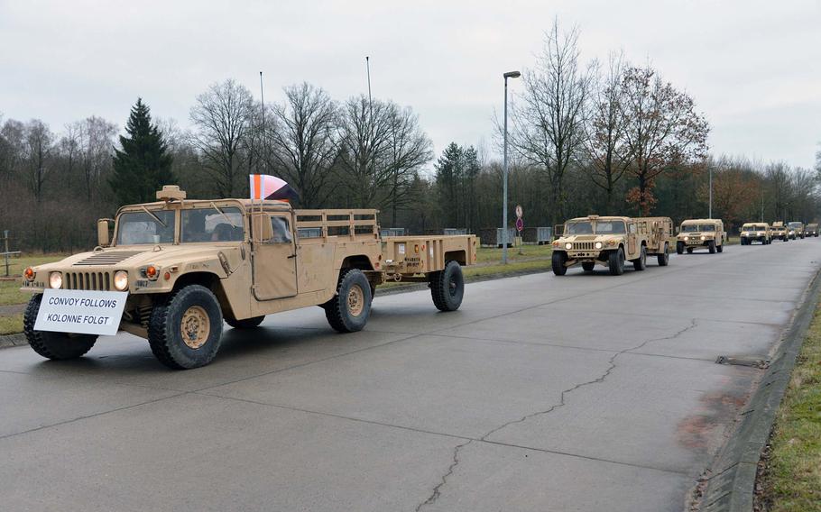 A convoy of vehicles of the 3rd Armored Brigade Combat Team, 4th Infantry Division arrives at a training area near Bergen, Germany, after driving from Bremerhaven on the way to Poland, on Monday, Jan. 9, 2017. The convoy is scheduled to arrive in Poland on Thursday.