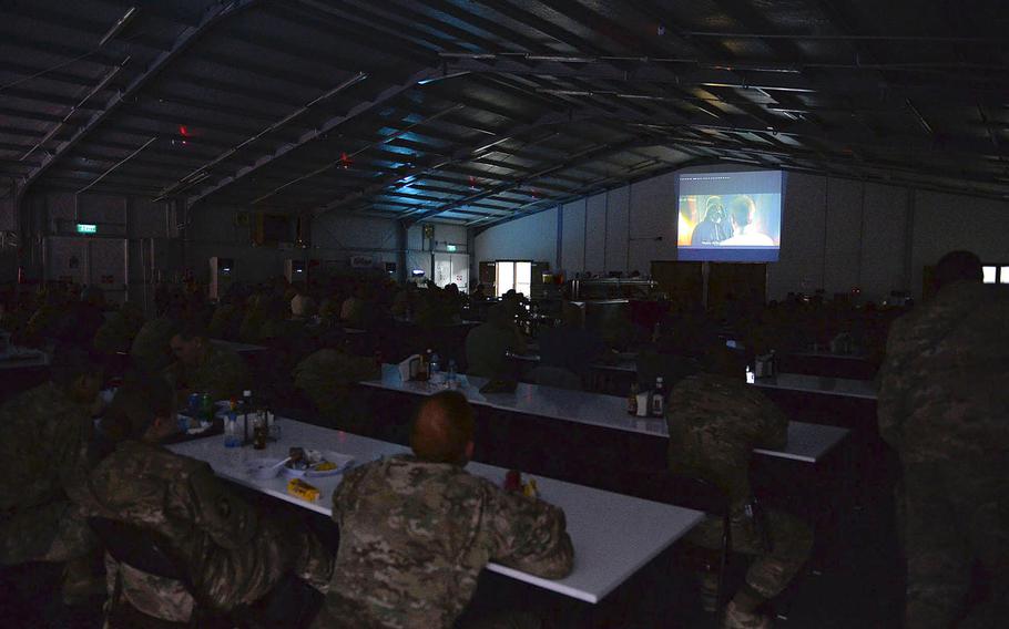 Troops at a coalition base at Irbil International Airport watch a special screening of ''Rogue One: A Star Wars Story'' during Friday-night chow on Jan. 6, 2017.