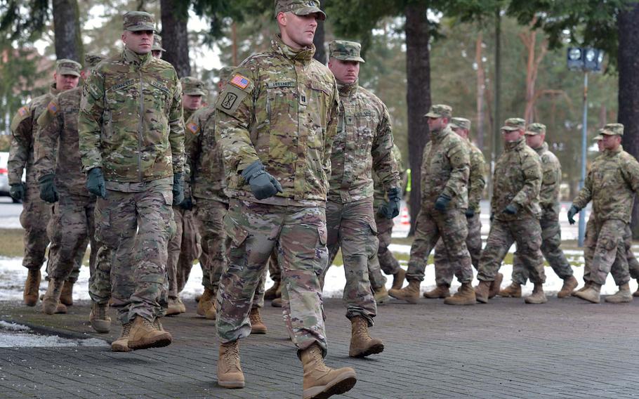 American soldiers of 3rd Armored Brigade Combat Team, 4th Infantry Division, march off the grounds after a welcoming ceremony in Zagan, Poland, Thursday, Jan. 12, 2017. The unit is on a nine-month deployment to eastern Europe as part of Operation Atlantic Resolve.