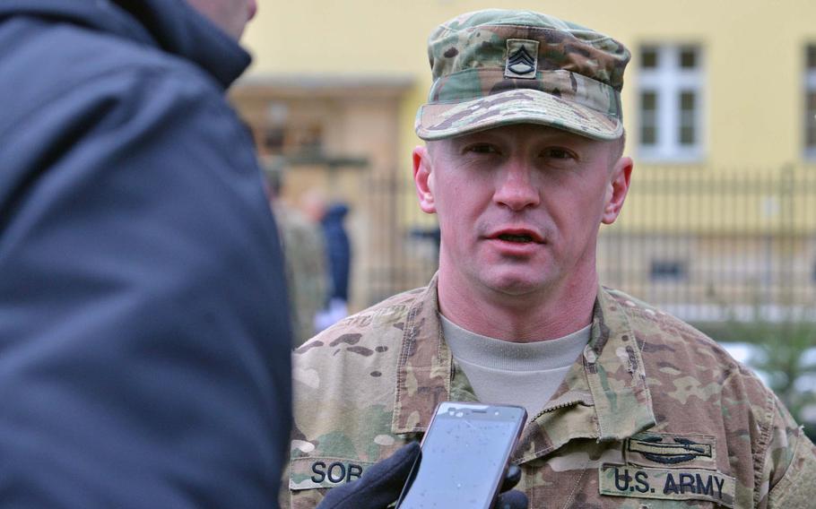 A Polish journalist interviews Staff Sgt.Tomasz Sobota after a welcoming ceremony for 3rd Armored Brigade Combat Team, 4th Infantry Division, in Zagan, Poland, Thursday, Jan. 12, 2017.