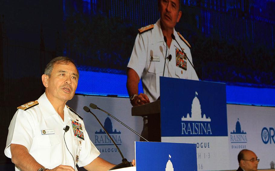 Adm. Harry Harris, U.S. Pacific Command commander, speaks at the inaugural Raisina Dialogue in New Delhi, India, in 2016. At this year's conference, Harris said cooperation between the U.S. and India is "so upward, it's through the roof."