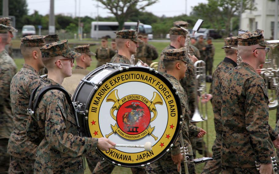 The 3rd Marine Expeditionary Force Band plays during a change-of-command ceremony for the 3rd Marine Division at Camp Courtney, Okinawa, Friday, Jan. 20, 2017.