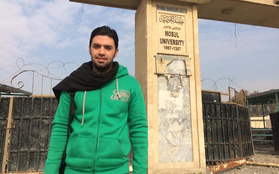English student Saad Subhi, 27, visited Mosul University on Saturday, Jan. 21, 2017, to survey damage done in fighting to evict Islamic State militants from the campus earlier in the week. 
