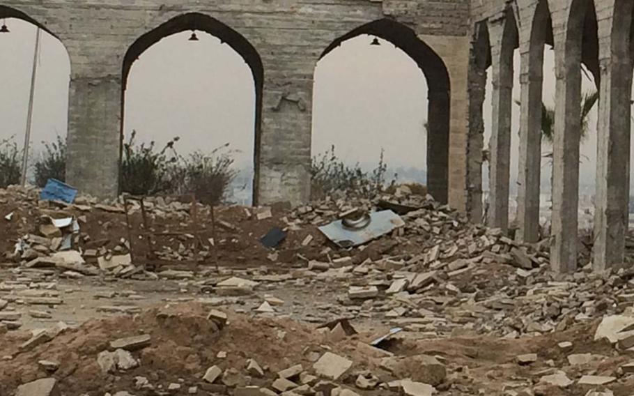 The ruins of Nabi Yunus Mosque, also known as the "Tomb of Jonah," in Mosul, Iraq on Saturday, Jan. 21, 2017. The mosque was blown up by Islamic State militants. 